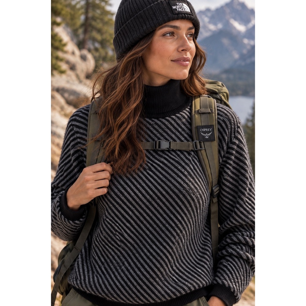 Eddie Bauer Women Stripe Wool Blend Turtleneck Sweater Grey Black L Gorpcore